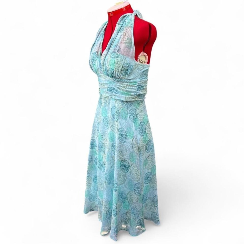 Connected Apparel Y2K Light Blue & Green Swirl Halter Dress Ruched Waist Size 8 - Picture 5 of 7